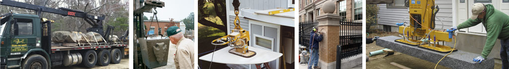 Architectural stone delivery, site work, installation tools. boom truck, vaccum lift and sling